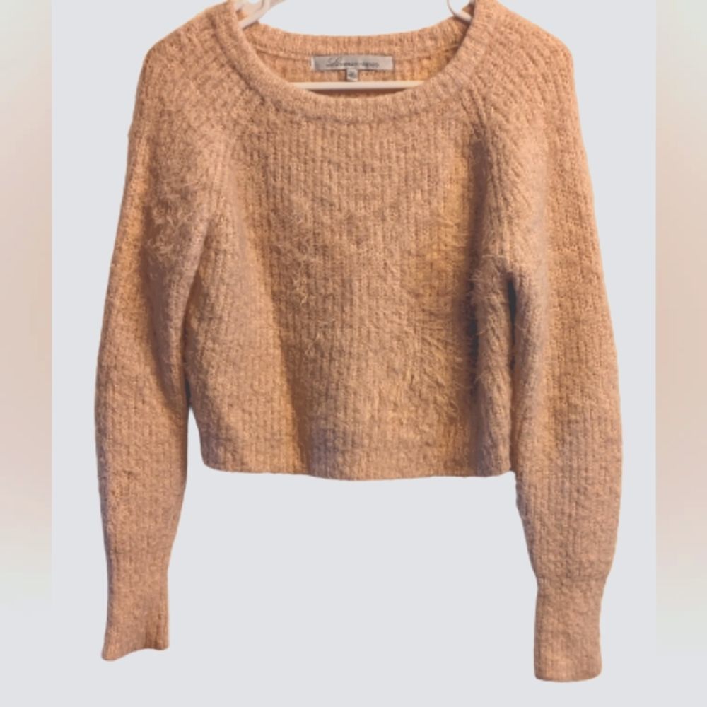 EUC Lovers + Friends light pink cropped fuzzy long sleeve ribbed knit wide crew